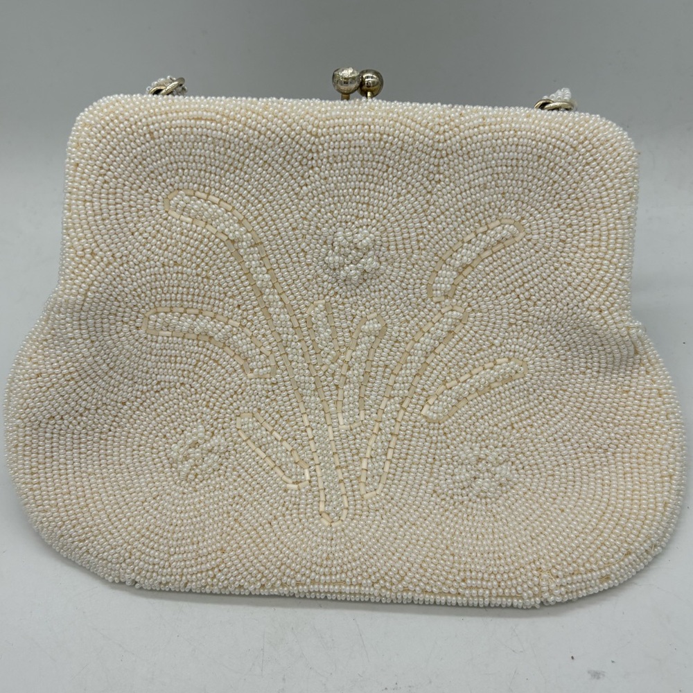 White Beaded Clutch Bag with Small Handle.